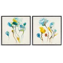 Stupell Industries Watercolor Teal & Yellow Flowers Abstract Painting Black Framed Art Print Wall Art, 24 x 24, Set of 2
