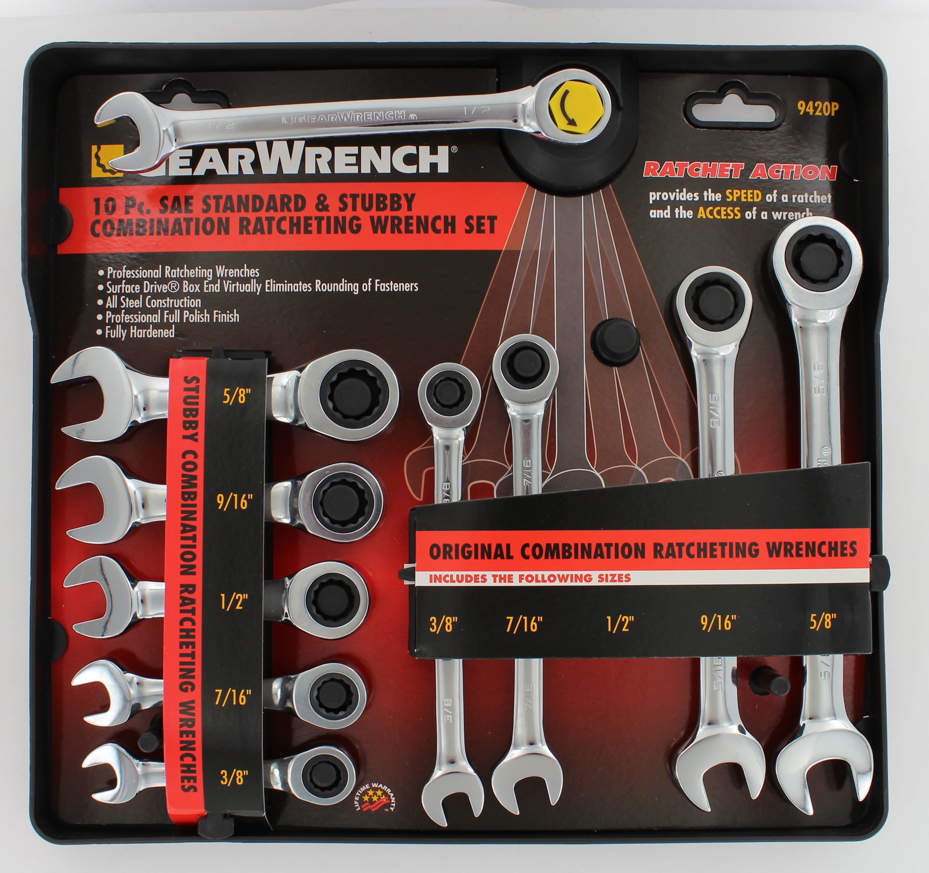 GearWrench 9420 SAE Standard and Stubby Ratcheting Wrench Set, 10 Piece