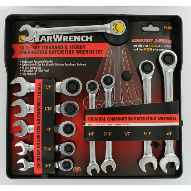 GearWrench 9420 SAE Standard and Stubby Ratcheting Wrench Set, 10 Piece