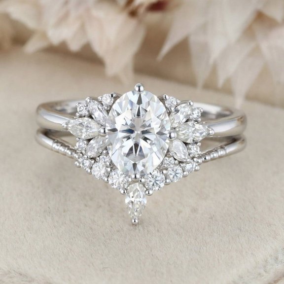 Bow Jewel 1.85 Ct Oval Cut Lab Created Diamond Rings - 14K White Gold Plated Ring - Bridal Set Cluster Wedding Ring - Party Wear Lab Created Diamond Jewelry for Women's - Wedding Proposal Rings