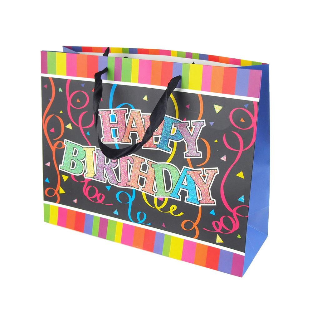 Glittered Happy Birthday Streamers Paper Gift Bags, 10Inch