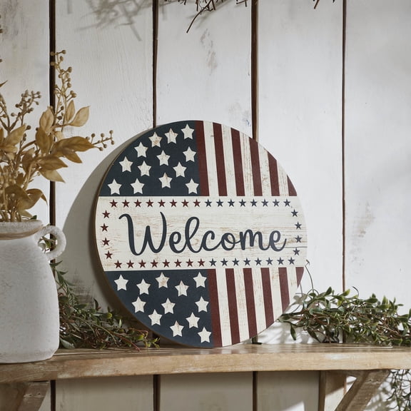 VHC Brands Patriotic Welcome Stars & Stripes Round Wall Hanging 11 Inch Diameter, Independence Day Decor, Decorative Sign, Rustic Farmhouse Fourth of July Decorations, Creme, Navy Blue, Burgundy