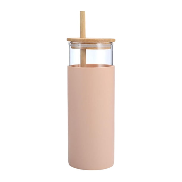 Vaso de vidrio con tapa de bambú, funda protectora de silicona, mango de tapa de bambú, aislado, reutilizable, vaso de vidrio con para cocinar Cocina Gimnasio Naranja BLESIY Vaso