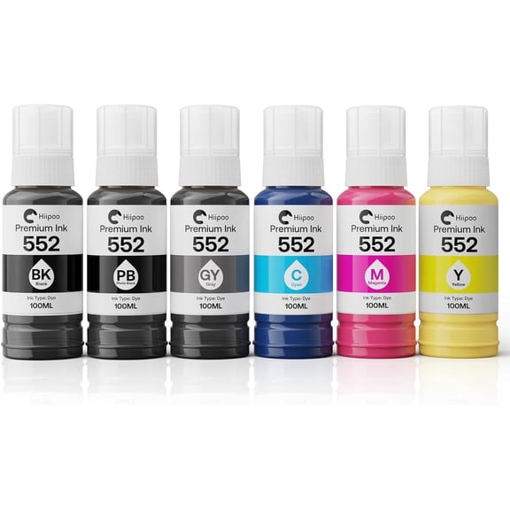 Hiipoo 600ML High Capacity Ink Refill Bottles for Epson EcoTank ET-8500, ET-8550 Printer, T552/552 Ink (6-Pack: BK, PB, C, M, Y, GY, Not Sublimation Ink)