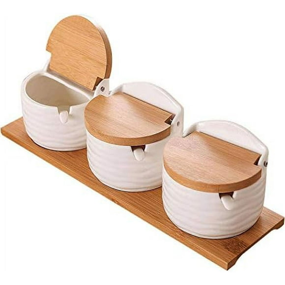 Queilt Porcelain Condiment Jar Spice Container with Tray Ceramic Serving Spoon and Lid, Spice Sugar Ceramic Condiment Pot Creative Seasoning Box for Your Home, Kitchen, Counter (Wooden Flip Lid)