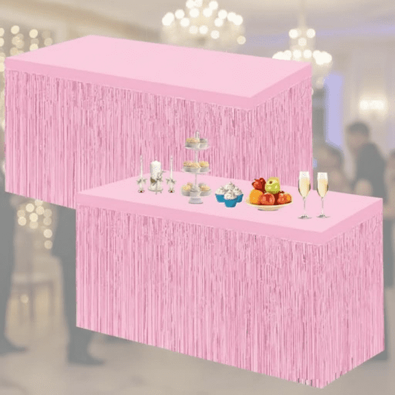 2 Pack Pink Foil Fringe Tinsel Table Skirts for Rectangle Tables, 29.5x108 Inch Disposable Party Decor for Weddings, Parades, Floats, and Backdrop Curtains