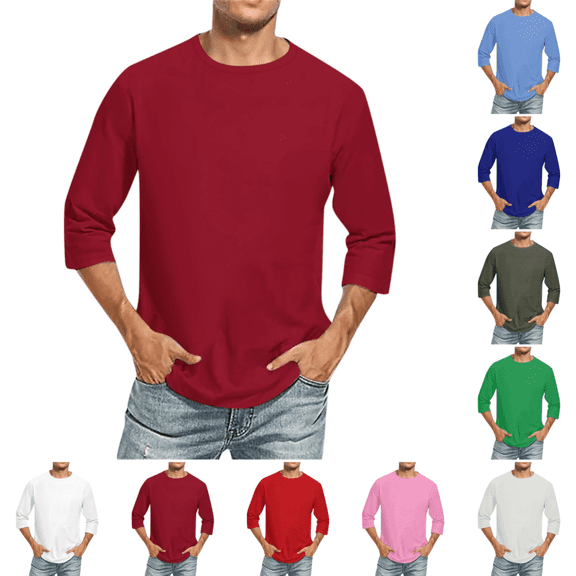Men's 3/4 Sleeve Shirt Fashion Crew Neck Baseball Tshirts Breathable Lightweight Casual Classic Fit Solid Color Tees Wine M