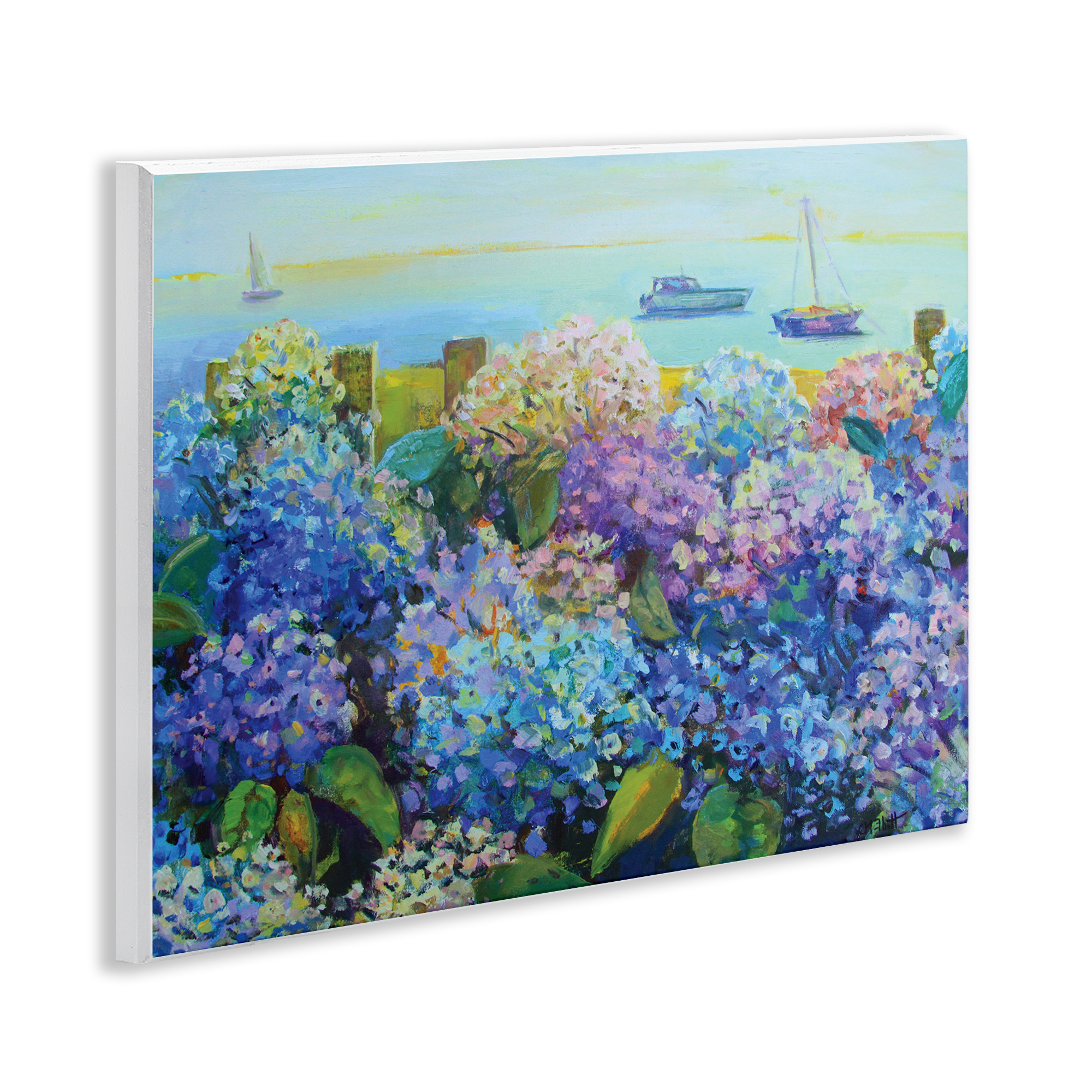 Stupell Industries Hydrangea By The Sea Landscape Painting Unframed Art Print Wall Art, 14 x 11