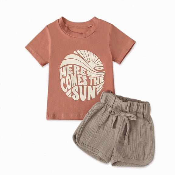 HCNTES Toddler Baby Boy Summer Clothes Letter & Sun Pattern Short Sleeve Tops Shorts Outfits