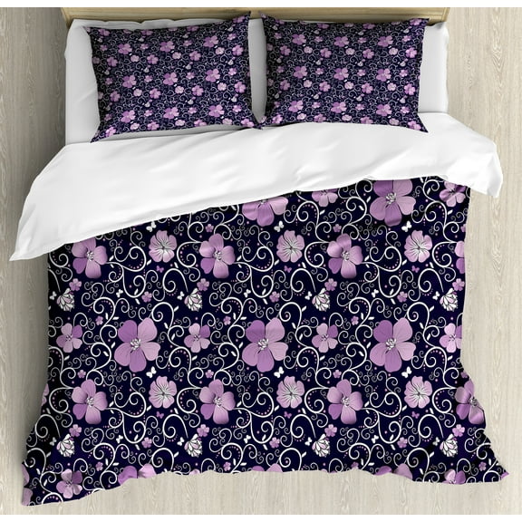Floral Duvet Cover Set, Butterfly Silhouettes with Plant Flower Patterned Design Swirls Curves, Decorative 3 Piece Bedding Set with 2 Pillow Shams, King Size, Lilac Dark Purple White, by Ambesonne