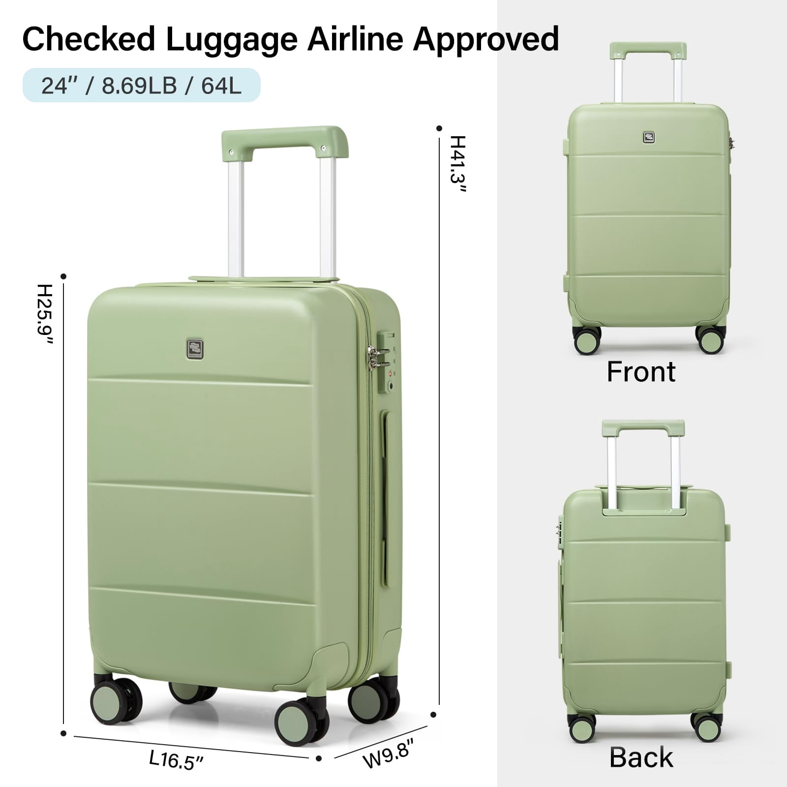 Hanke 24 Inch Luggage Hard Shell Suitcase Medium Luggage with Spinner Wheels Travel Suitcases for Women & Men TSA Approved Luggage Rolling Checked Luggage(Bamboo Green)