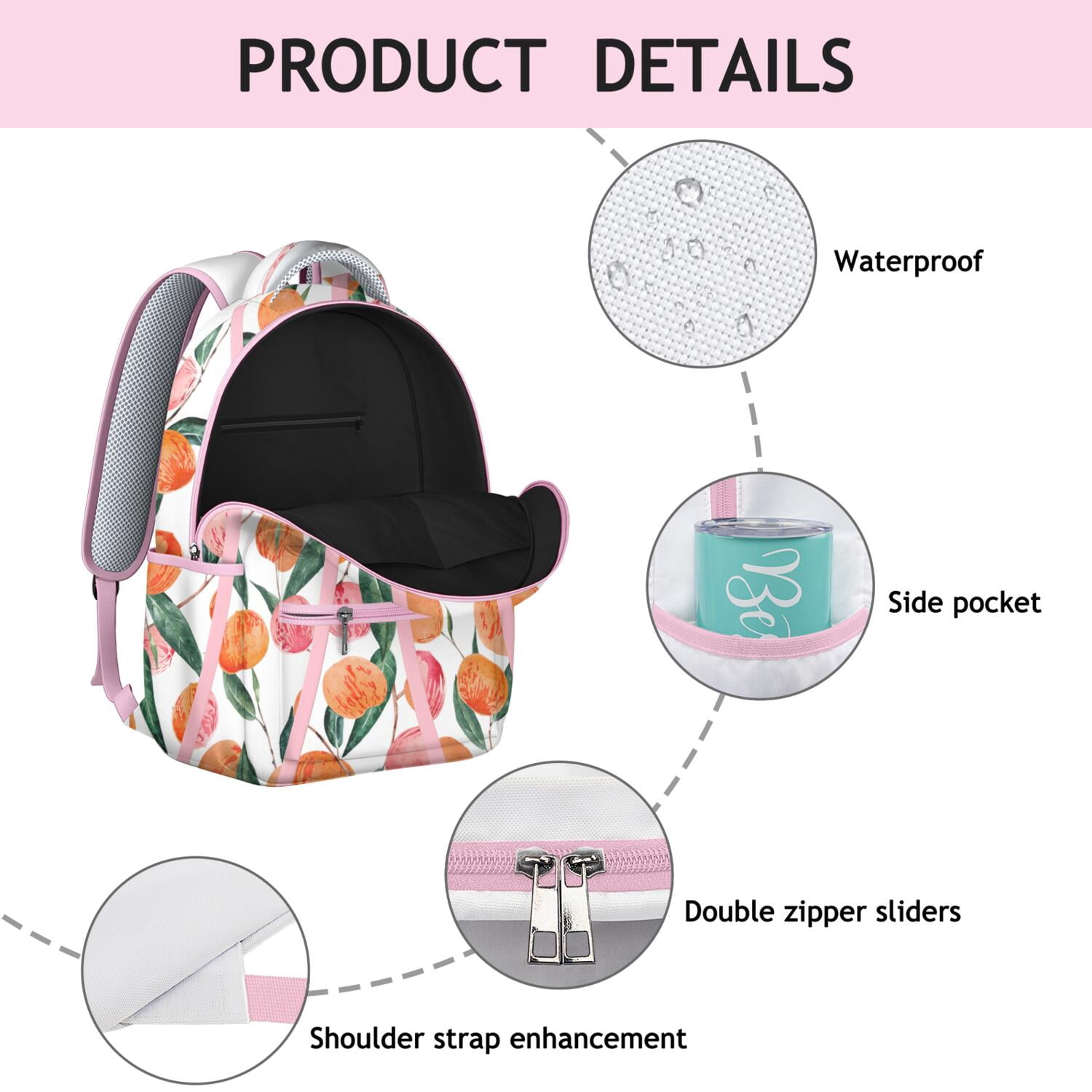 Peach Print Waterproof School Backpack - Ergonomic Student Bookbag with Padded Straps & Spinal Support, Kawaii Pink Fruit Pattern Design, Lightweight Durable Backpack for Teens, College, Commuters