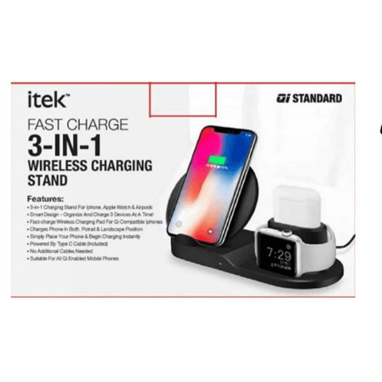 Itek 3-in-1 Qi Wireless Charging Stand, USB-C Cable, Black