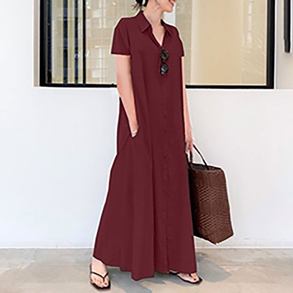 Juebong Plus Size Linen Long Dresses for Women Trendy Button Down Short Sleeve Shirts Dress Elegant Buesiness Work Maxi Dress
