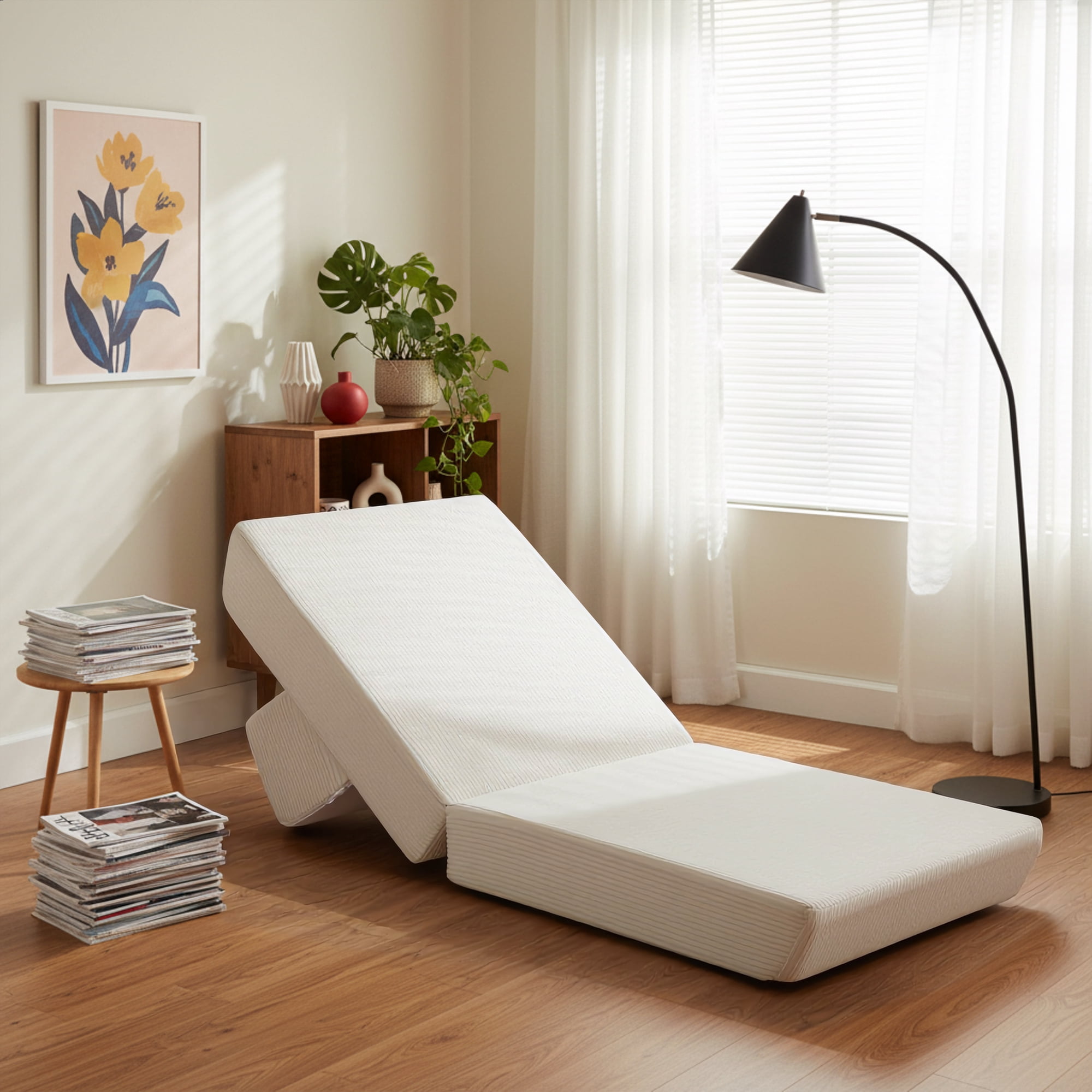 Alvantor Folding Sofa Bed, Convertible Sleeper Chair with Removable Back Pillow and Carry Handles, Portable Fold Out Floor Sofa for Living Room, Bedroom, Dorm, Single, Beige