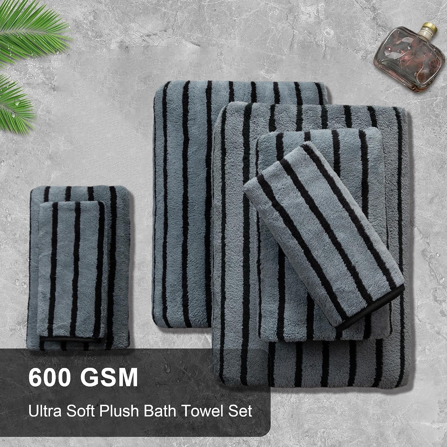 Jessy Home 4 Pack Black Bicolor bar Stripe Large Bath Towels Set Oversized Bath Sheet Soft Towel Set