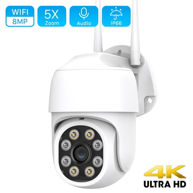 icsee-cámara de seguridad inalámbrica para exteriores, videocámara ip de 8mp, 4k, ptz, wifi, 1080p, zoom digital 5x, seguimiento automático, visión nocturna infrarroja a color — Vista frontal centrada de una mini cámara PTZ blanca para montaje en pared, carcasa de plástico con dos antenas, lente central rodeada por ocho LEDs para visión nocturna IR y luz blanca, placa de montaje y etiquetas que indican Wi‑Fi, 8MP, 5X y IP66; compatible con 2.4GHz y tarjeta microSD hasta 128GB; a menudo se usa para monitoreo remoto de entradas y patios.