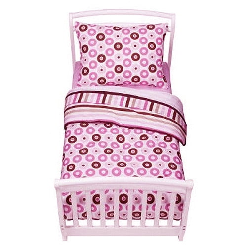 Bacati - Mod Dots/Stripes 4-Piece Toddler Bedding set 100% Cotton percale, Pink/Chocolate
