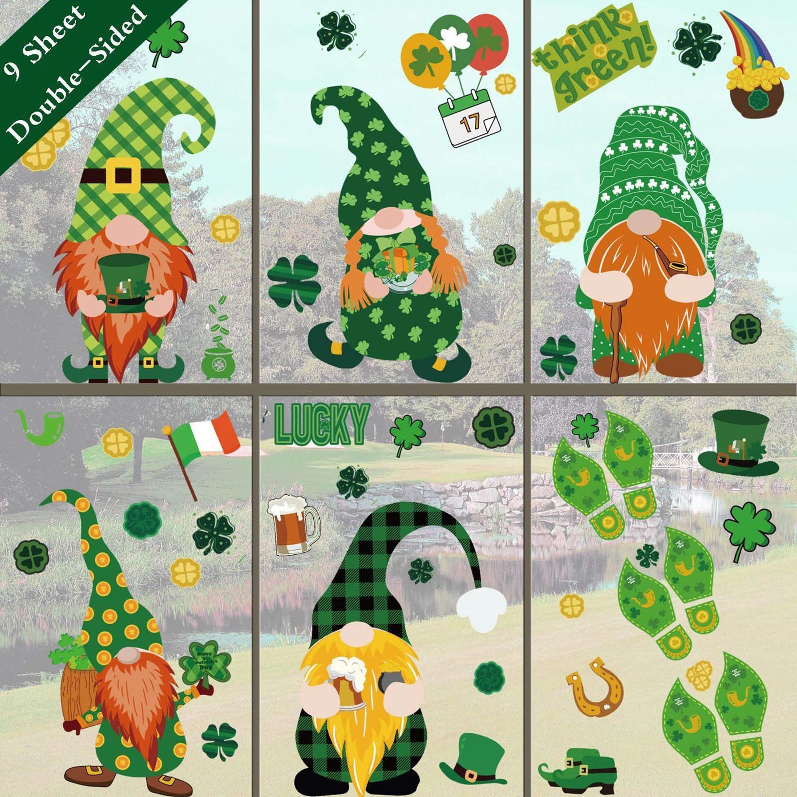 Extra Large Shamrock Irish Gnome Top Hat Gold Coins Decal Stickers for Kids School Home Accessories Party Supplies Gifts,9 Sheets St Patricks Day Decorations Window Clings Decor