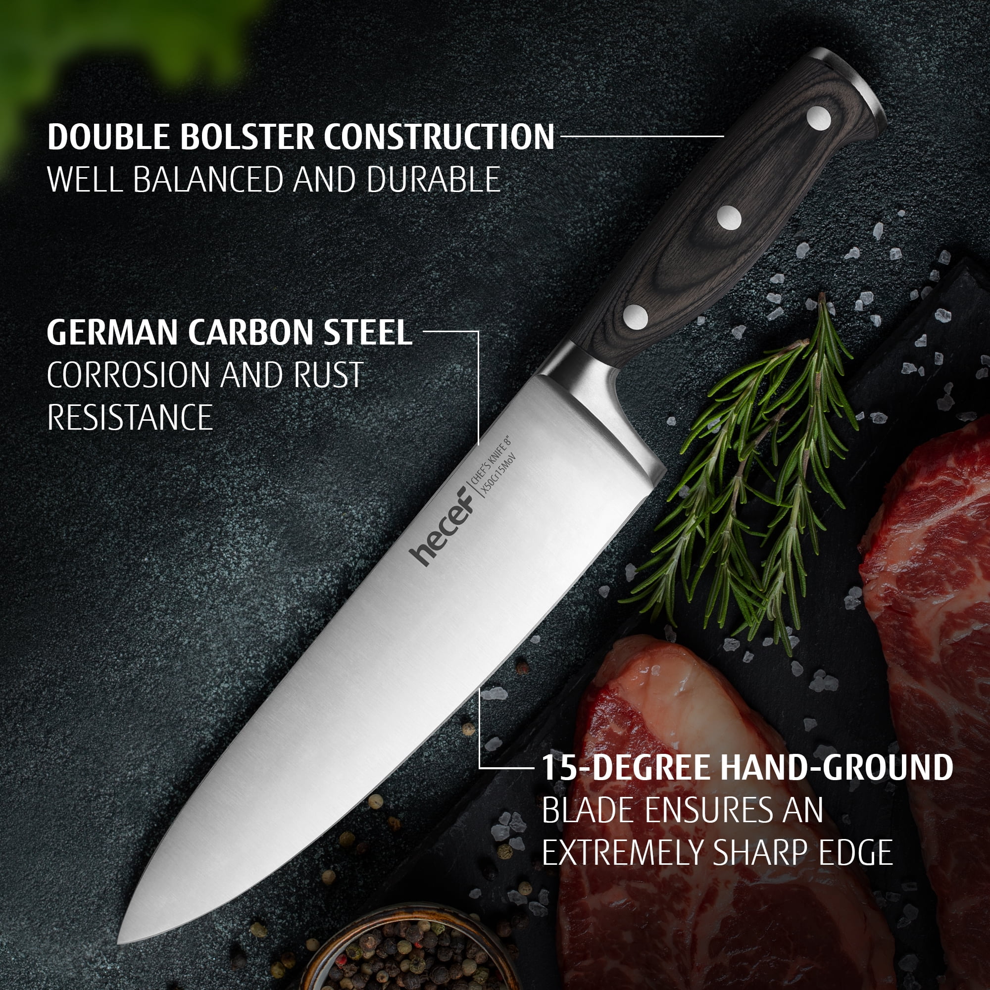 Hecef 3-Piece Knife Set, German Stainless Steel Ultra Sharp Chef, Santoku, Paring Knife with Gift Box