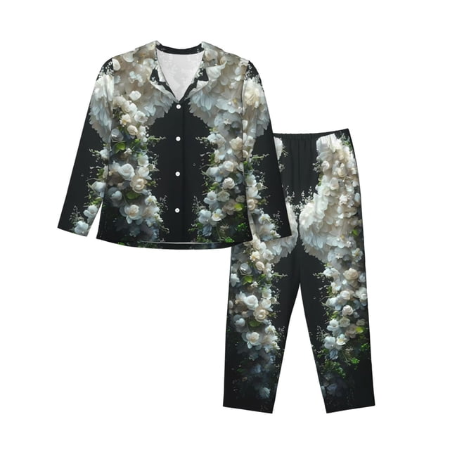Fotbe Floral Angelic White Wings Conjunto de Pijama de Manga Larga para Mujer con Estampado, Ropa de Dormir de 2 Piezas, Conjunto de Casa Suave y Cómodo con Bolsillos-Medium