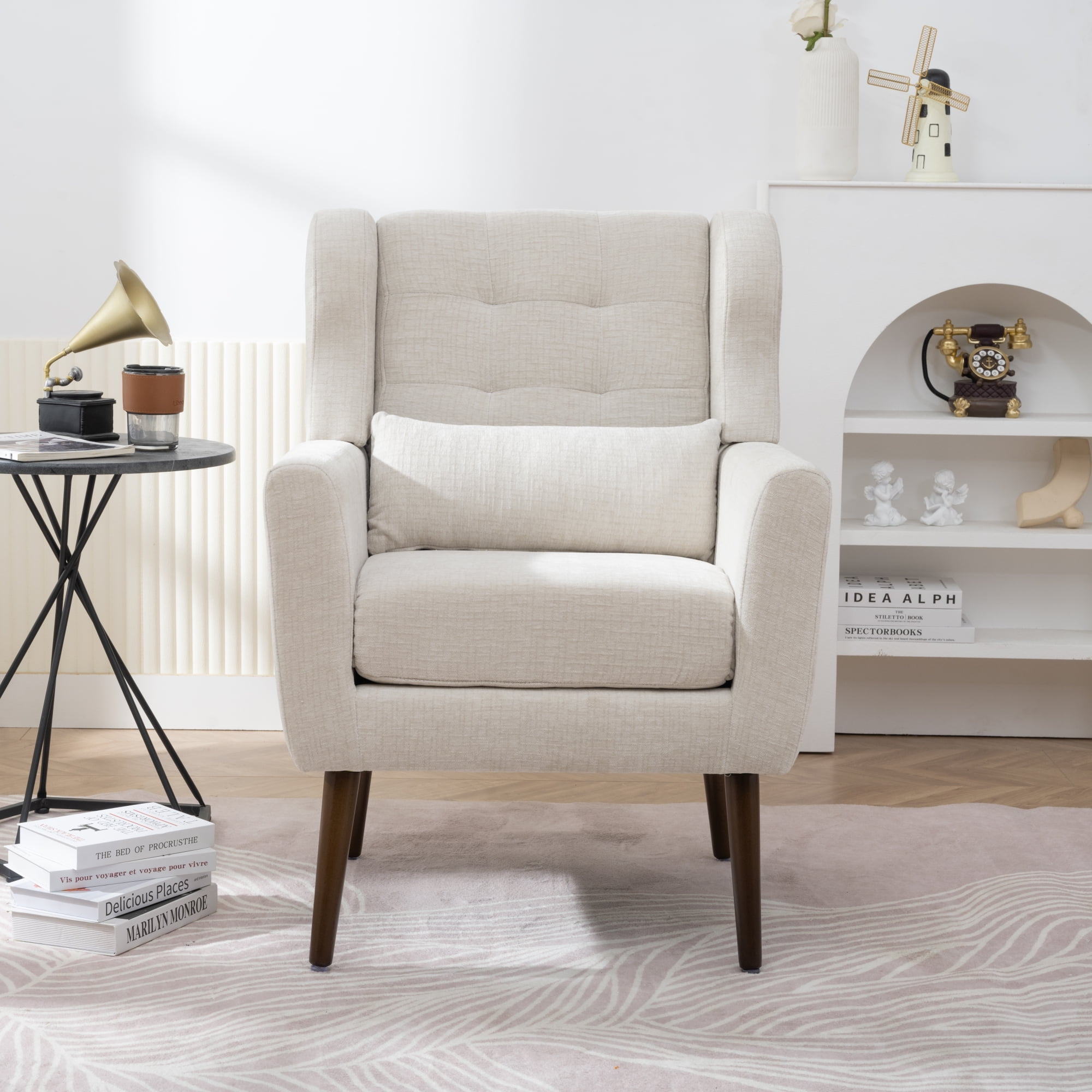Leumius Modern Accent Chair with Solid Wood Leg, Chenille Armchair with Pillow, Comfy Soft Padded Lounge Chair for Small Space, Bedroom, Living Room Beige
