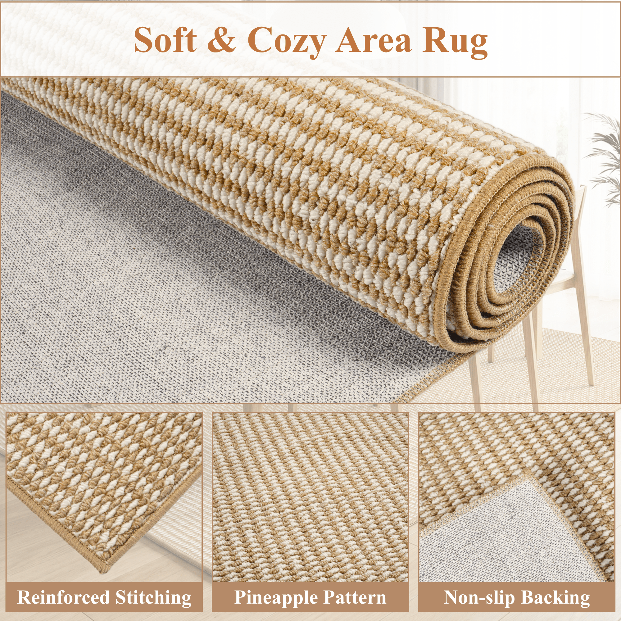 WANLISELL 6' x 9' Area Rugs for Living Room, Machine Washable Rug Indoor Stain Resistant Large Carpet for Bedroom Kitchen Dining Room Office Home Decor, Brown & White