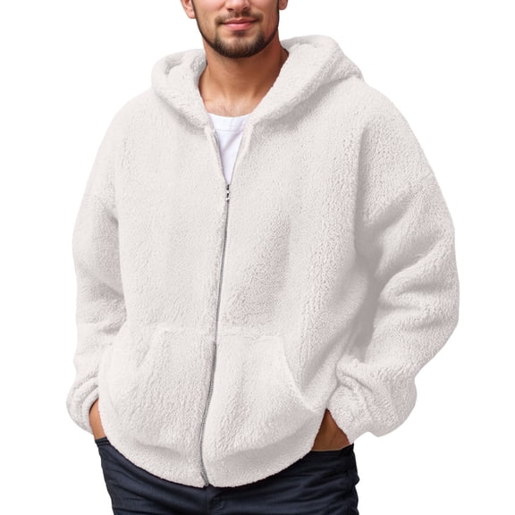 Telankuip Mens Fuzzy Sherpa Hoodies Jacket Long Sleeve Full Zipper Hooded Sweatshirts Oversized Casual Soft Comfortable Solid Warm Winter Outwear 2026 Fashion Outfits White XL