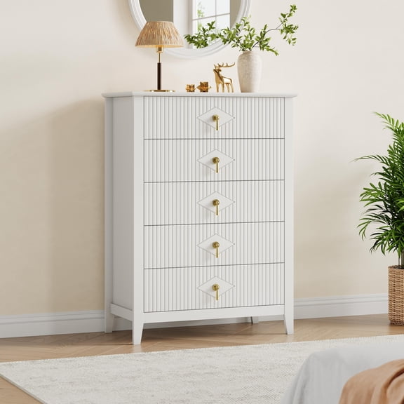 Fluted Dresser for Bedroom, 42.9" Tall 5-Drawer Wood Dresser, Modern Chest of Drawers, Storage Organizer Cabinet for Living Room, Hallway, Entryway, White