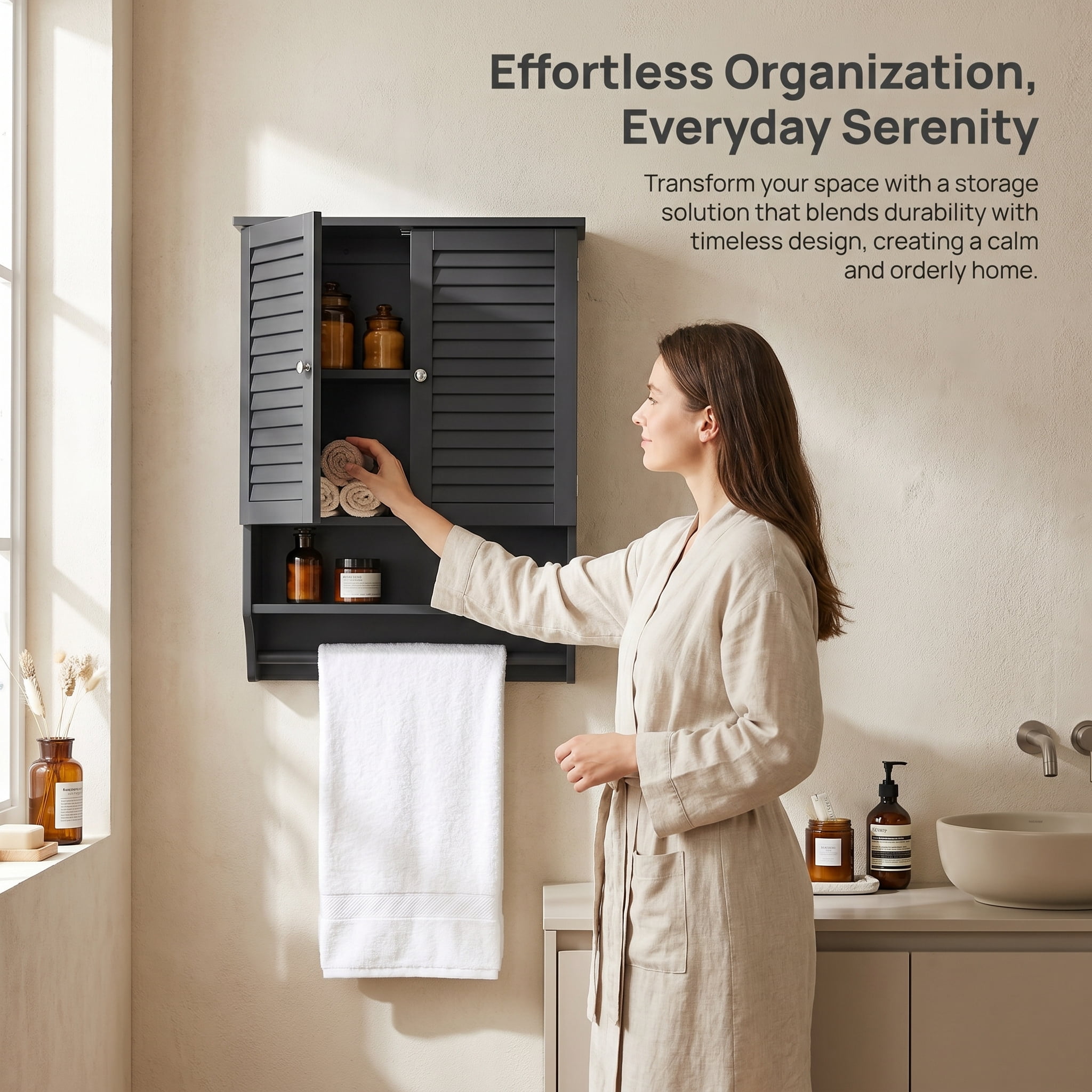 Kadyn Bathroom Cabinet Wall Mounted, Hanging Cabinet, Wall Cabinet,2-Doors Bathroom Wall-Mounted Medicine Cabinet with Towel Bar-Black