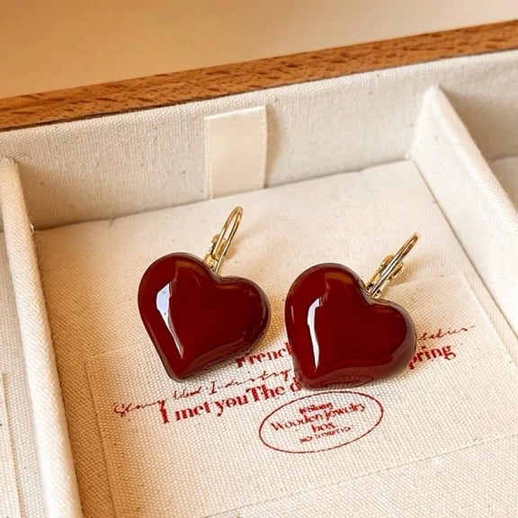 Vintage Red Heart Leverback Drop Earrings, Elegant Solid Color Heart Dangle Earrings, Daily Fashion Jewelry for Women