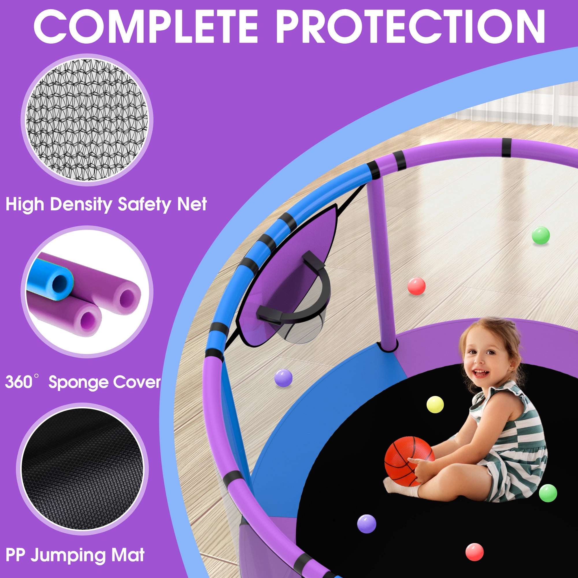 XMIKA Trampoline for Kids, 54'' Toddler Trampoline with Enclosure, Swing, Basketball Hoop, 4.5FT Indoor/Outdoor Trampoline with Adjustable Gymnastics Bars, Rings, Mini Trampoline for Boy and Girls