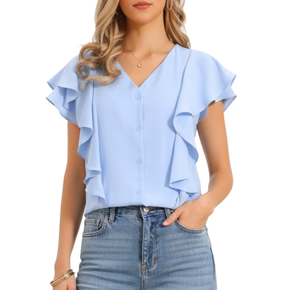 DARING DIVA Women's Ruffled Blouse Short Sleeve V Neck Button Down Top XS Light Blue