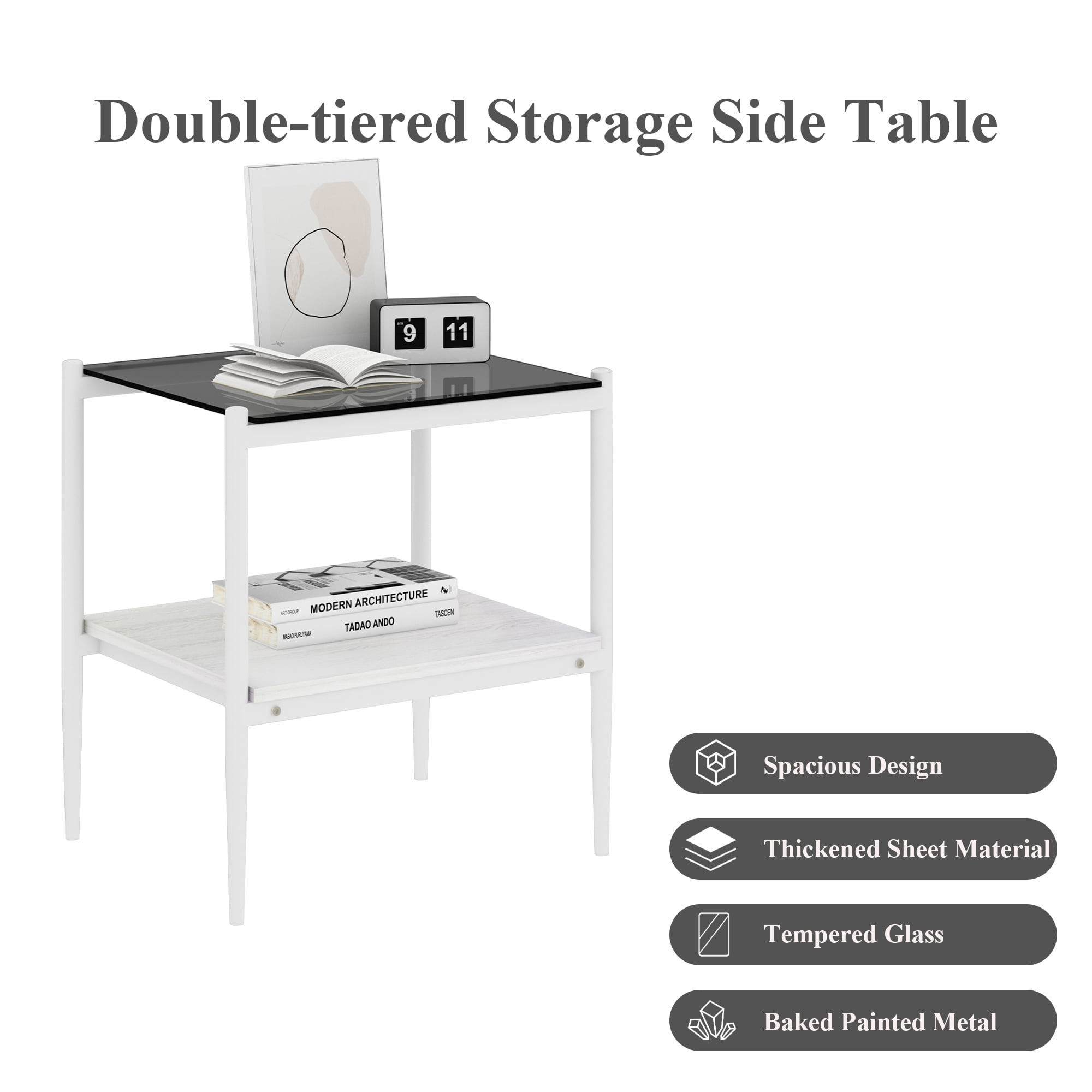 Set of 2 Modern Gray Glass Rectangle End Tables, Tempered Glass Top with MDF Storage Shelf & Iron Legs for Living Room Bedroom