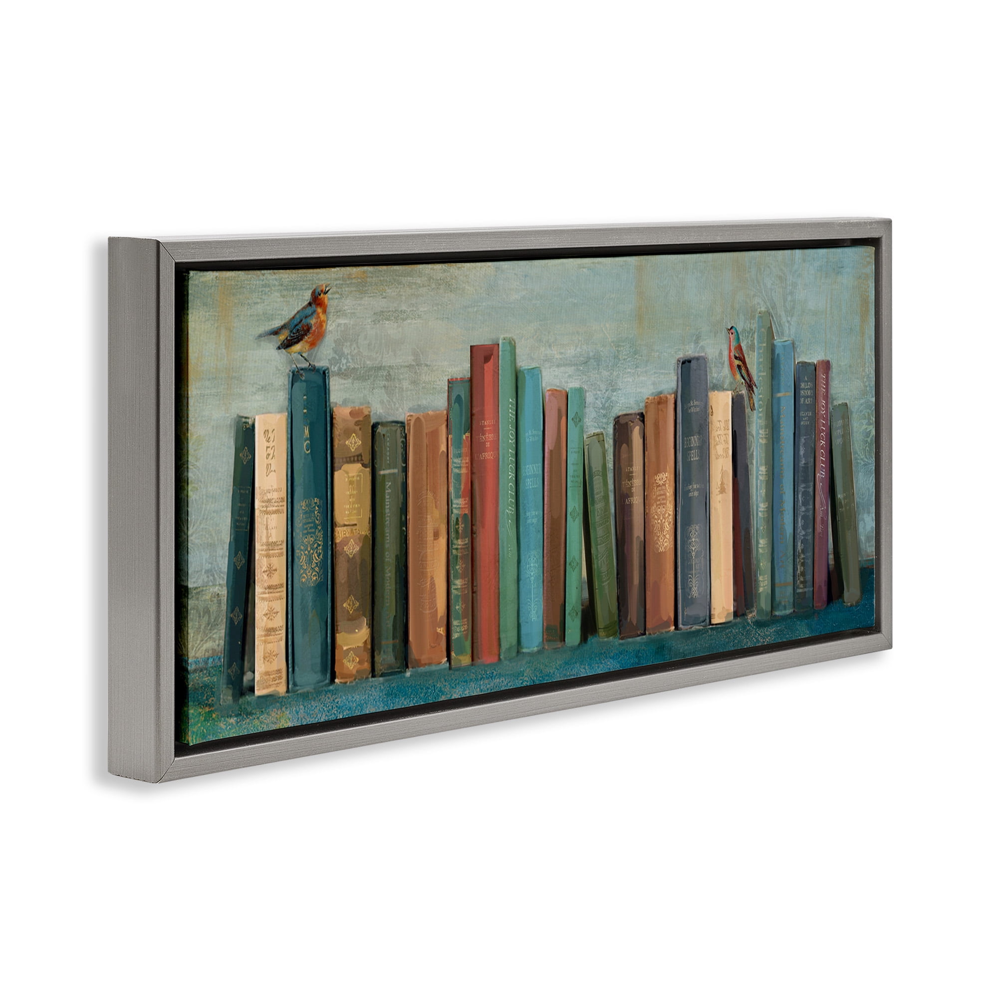 Stupell Industries Books And Birds Bookshelf Painting Animals & Insects Painting Gray Floater Framed Canvas Art Print Wall Art, 25 x 11