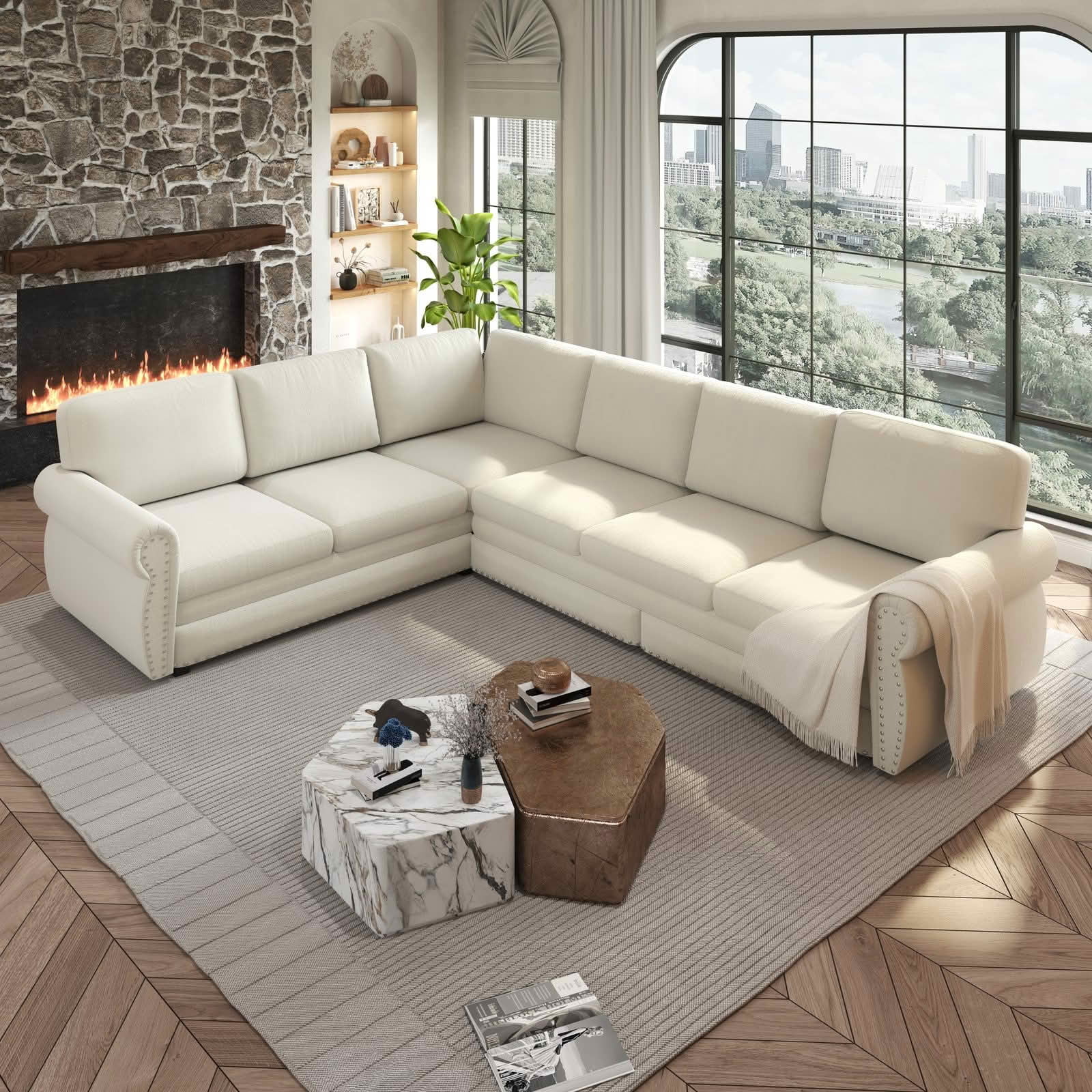 MAYEERTY 118" L‑Shaped Convertible Pull‑Out Sofa Bed, Chenille Sectional Couch with Nailhead Trim & Rolled Arms, Oversized Multifunctional Sleeper Sofa