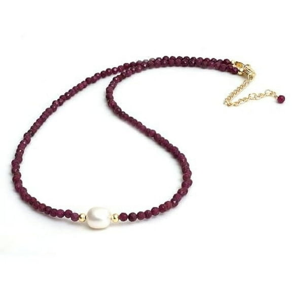 Pink Ruby Beaded Necklace with Pearl Choker Crystal Jewelry Lightweight July Birthstone Gifts Hypoallergenic 18 Inch Gold Plated Western Gemstone Women Necklaces