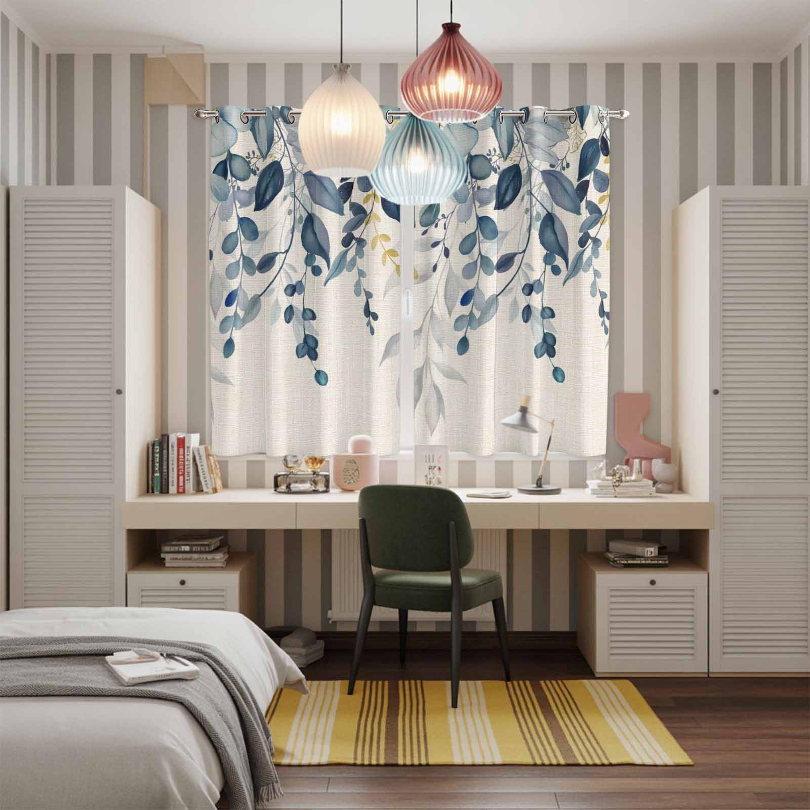 Curtains 84 Inches Long 2 Panels, Navy Blue Eucalyptus Grommets Window Treatment Curtain, Farmhouse Weeping Leaves Linen Thermal Curtains Drapes for Living Room/Bathroom