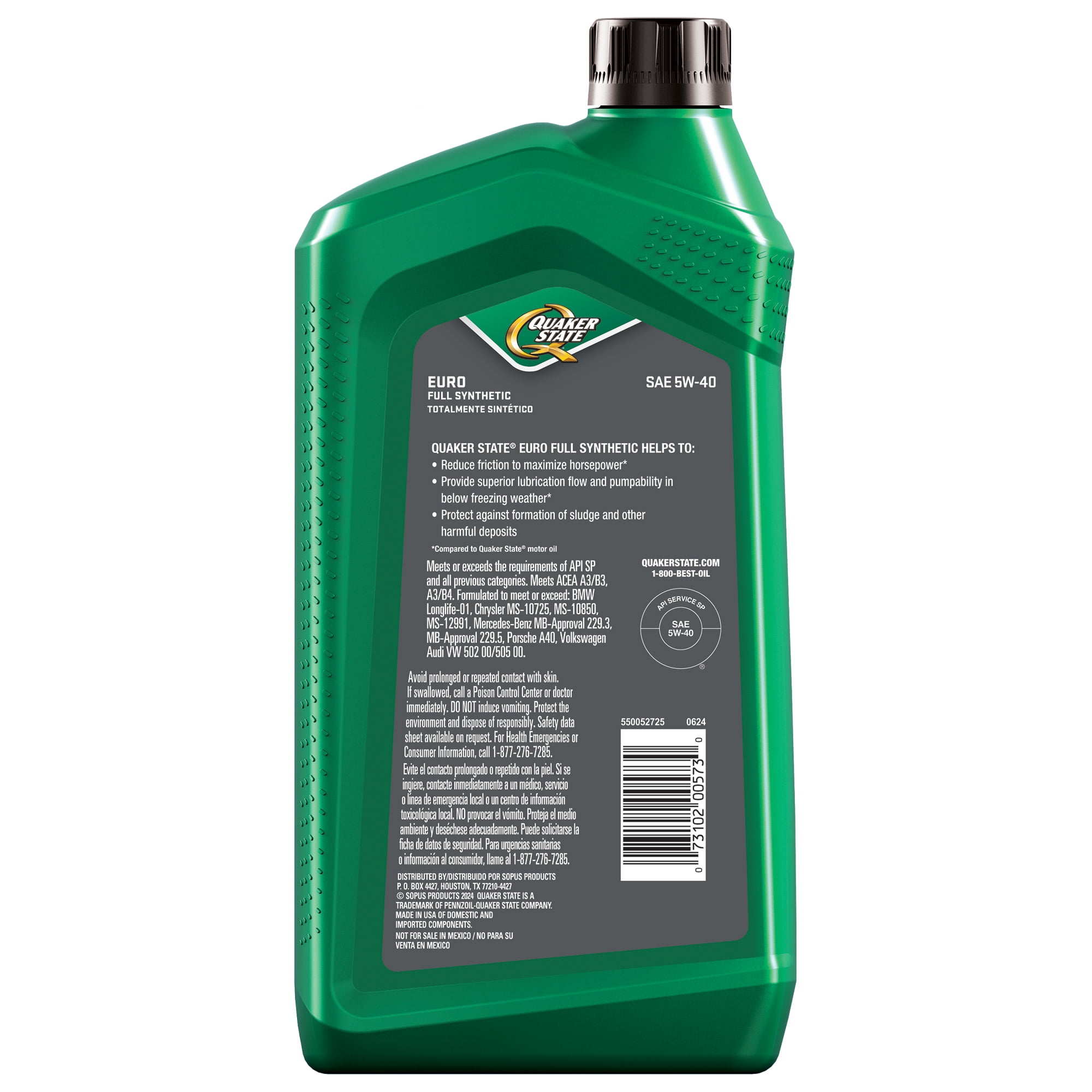 Quaker State Euro Full Synthetic 5W-40 Motor Oil, 1 Quart