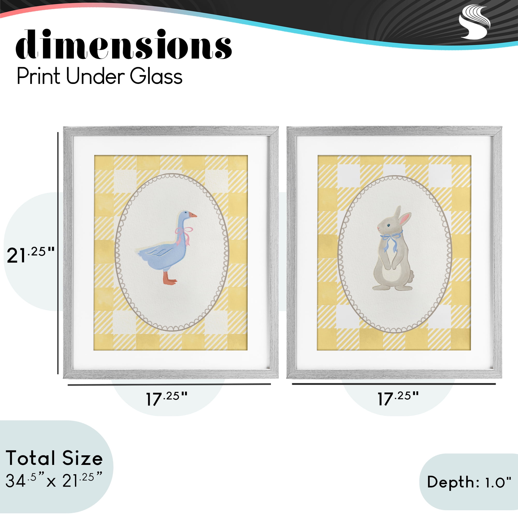 Stupell Industries Goose & Bunny Yellow Gingham 2 Piece Gray Framed Print Under Glass Set, design by The Paper Curator
