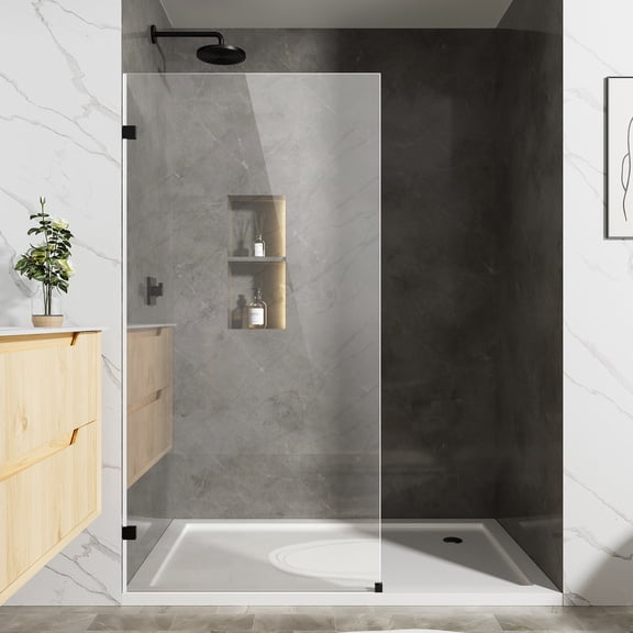 34" x 68" Frameless Fixed Shower Glass Panel, 3/8" Tempered Glass Shower Screen with Black Hardware