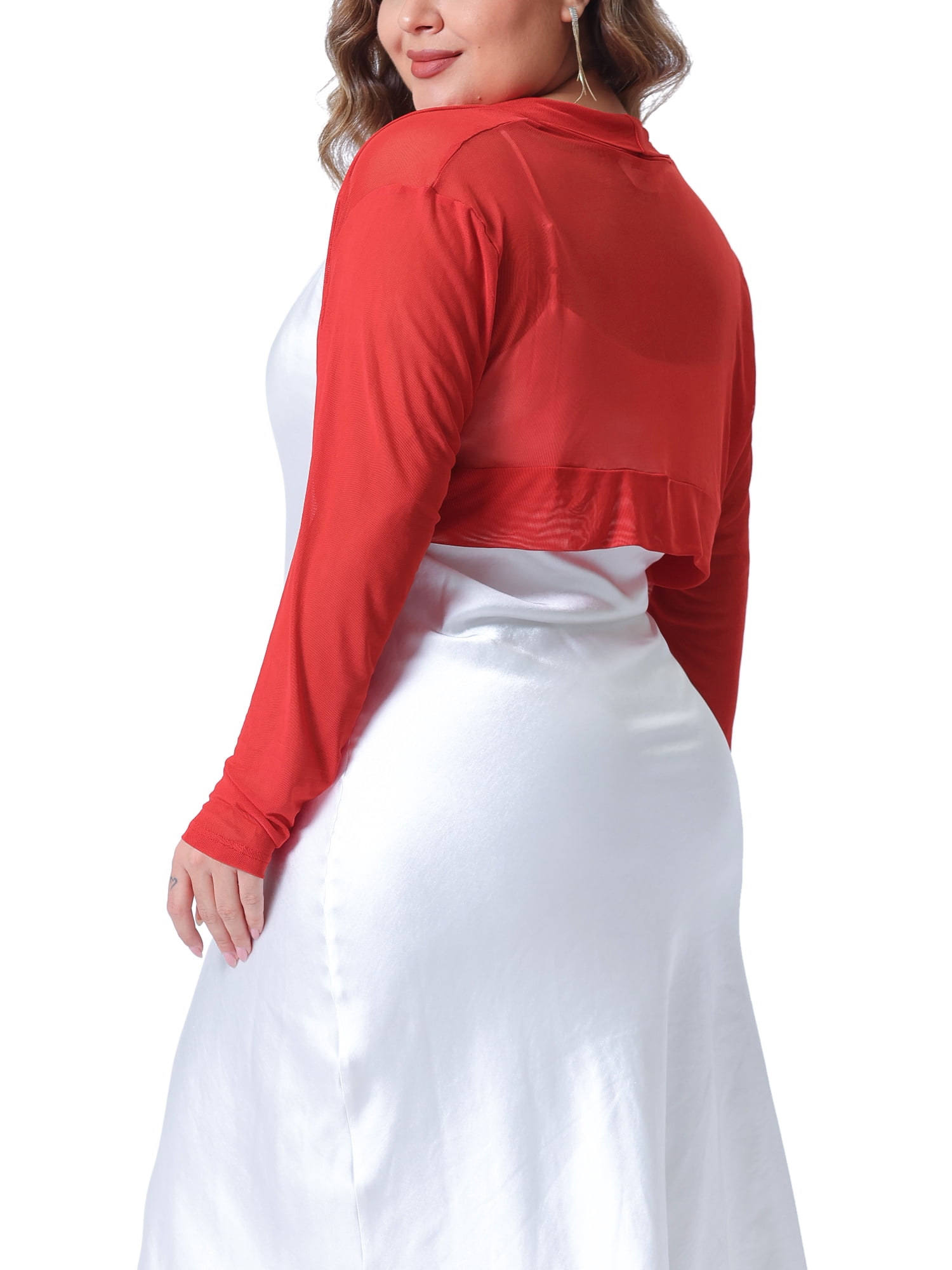 DARING DIVA Women's Plus Size Mesh Crop Long Sleeve Sheer Bolero Shrug Top 3X Red