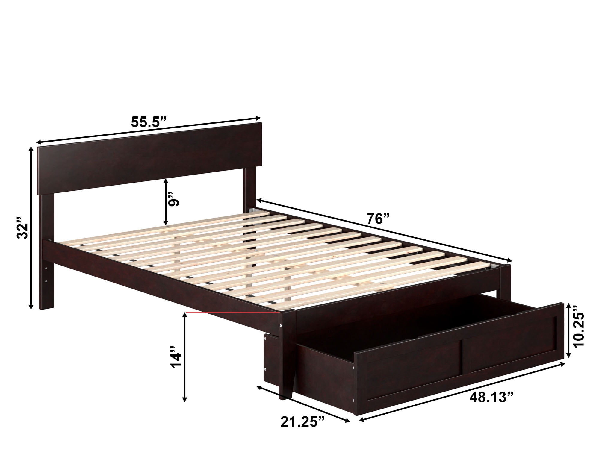 AFI Boston 14" Full Wood Platform Bed Frame with Foot Drawer Storage, Espresso