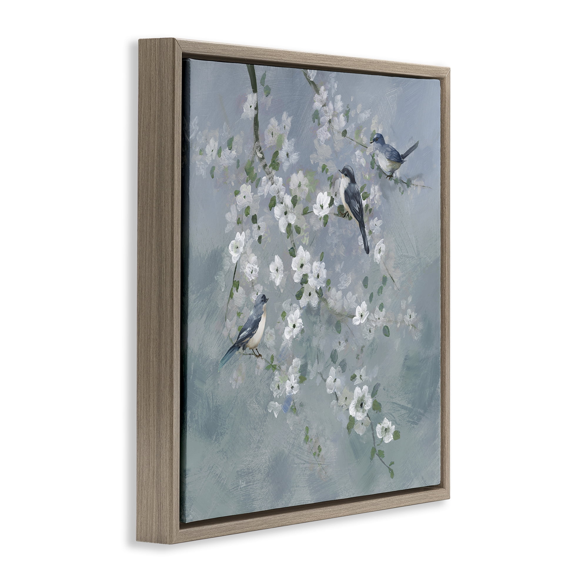 Stupell Industries Serene Birds on White Blooms Brown Framed Floater Canvas Wall Art, design by Nan