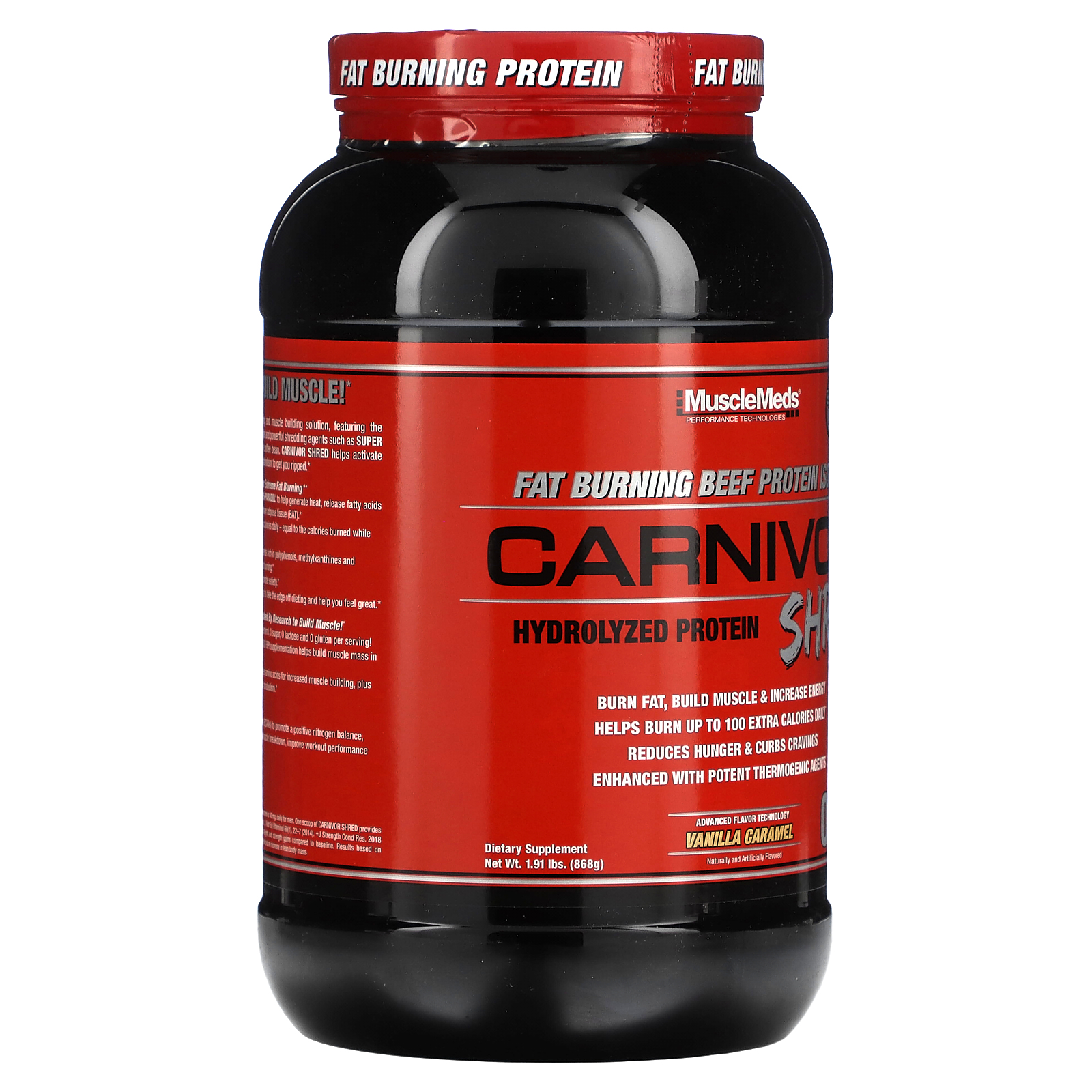 MuscleMeds Carnivor Shred Fat Burning Hydrolized Beef Protein Isolate, 0 Lactose, 0 Sugar, 0 Fat, Vanilla Caramel, 2 lbs