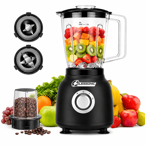 Blessonic 500W 1.5L Blender for Juice & Smoothies with Coffee Grinder, Multi-Function Kitchen Blender, Durable Clear Glass Pitcher