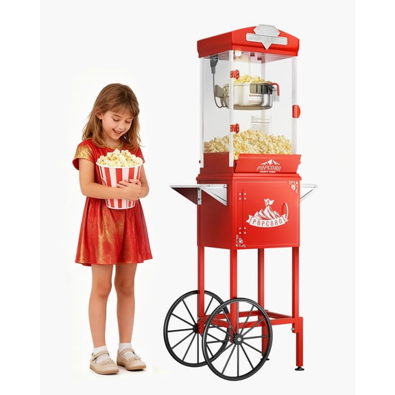 10 oz Popcorn Machine Cart, Popcorn Maker Machine with Wheel&Stainless-Steel Kettle Makes Up to 40 Cups, Vintage Movie Theater Style Pop Corn Machine, Red