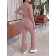 thumbnail image 3 of Two Piece Sets for Women Outfits Ribbed V Neck Top Flare Pants Set Track Suits Long Sleeve Top Jogger Legging Pants Lounge Workout Sets for women Pink L, 3 of 5