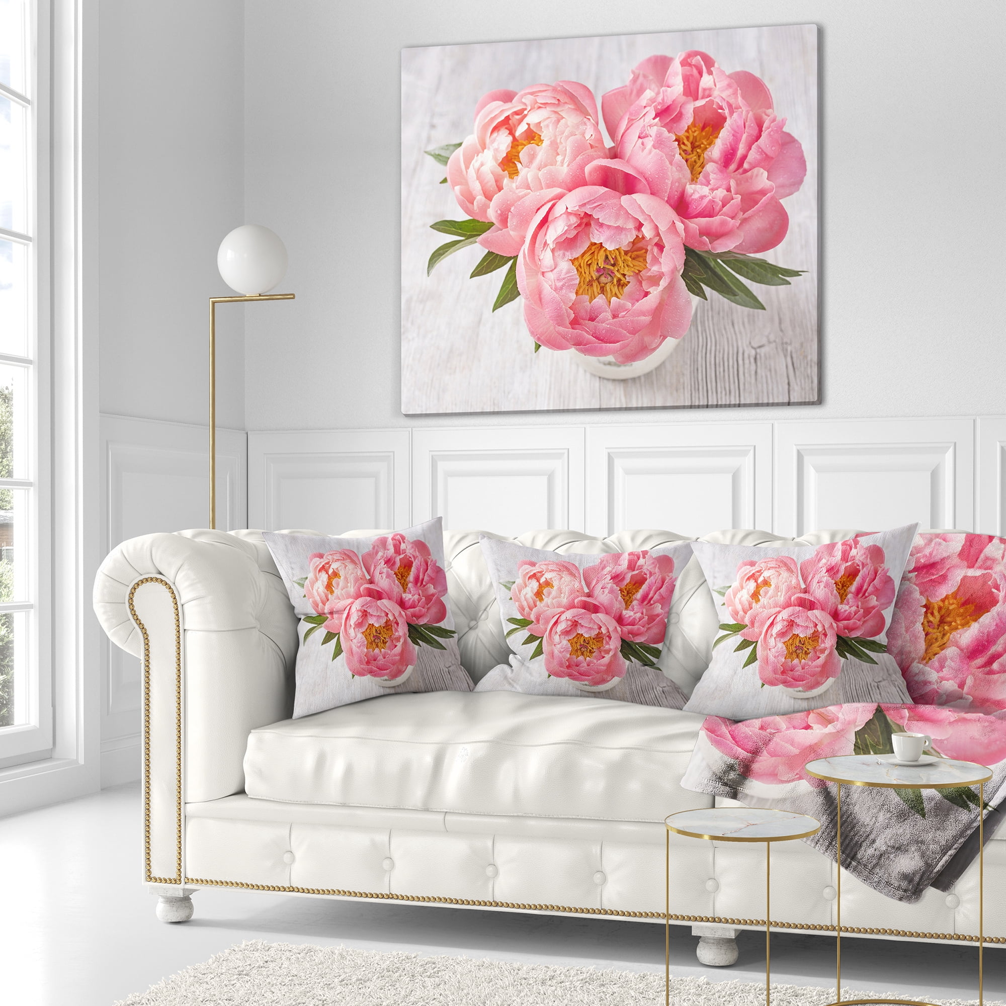 Designart Peony Flowers on White Floor - Floral Throw Pillow - 16x16