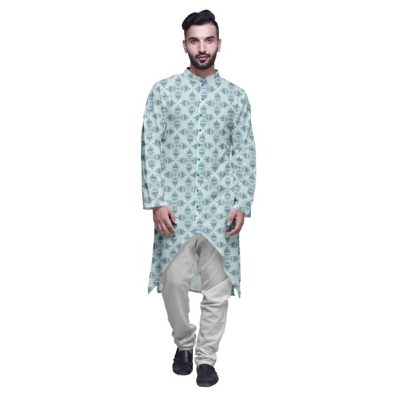 Atasi Button Down Asymmetrical Kurta For Men Printed Mandarin Long Sleeve Shirt